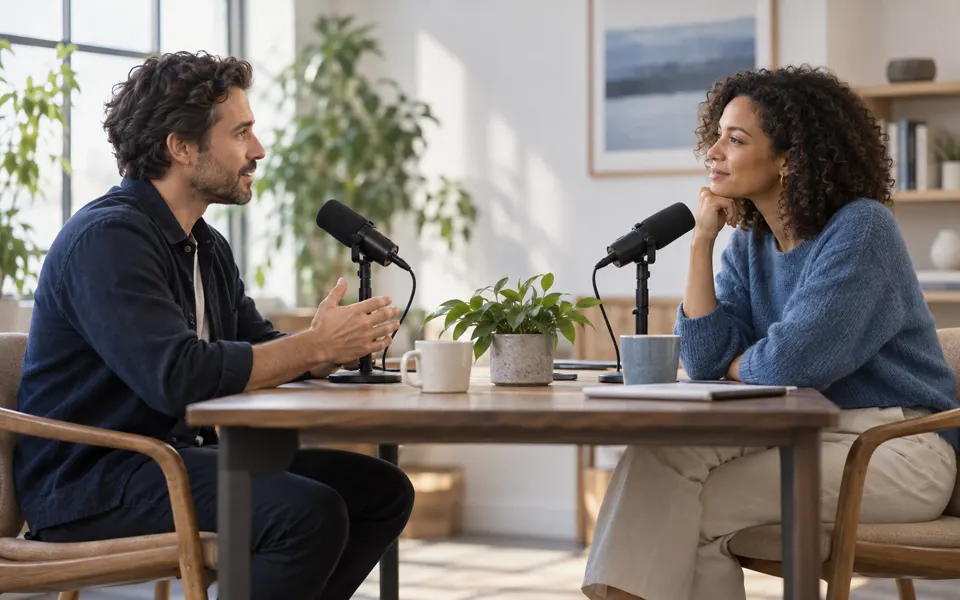 Two people talking across a table with microphones.