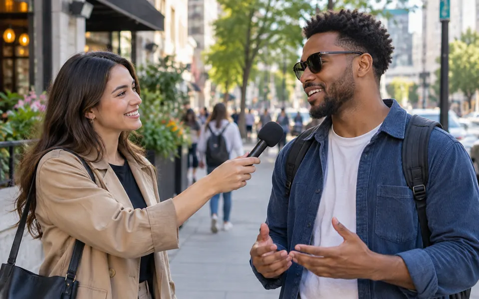 An interviewer holding a microphone toward a person on a city sidewalk.