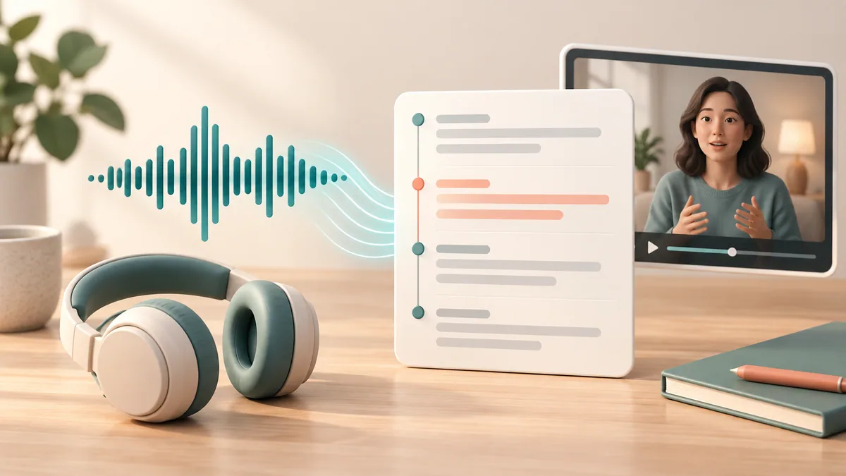 An audio waveform flowing into a timed transcript card with headphones and a small video frame.