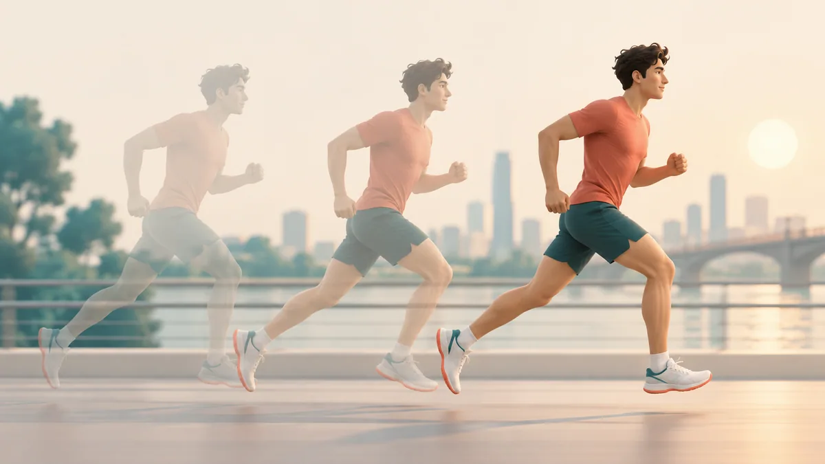 A moving runner shown at two positions with a synthesized in-between moment.