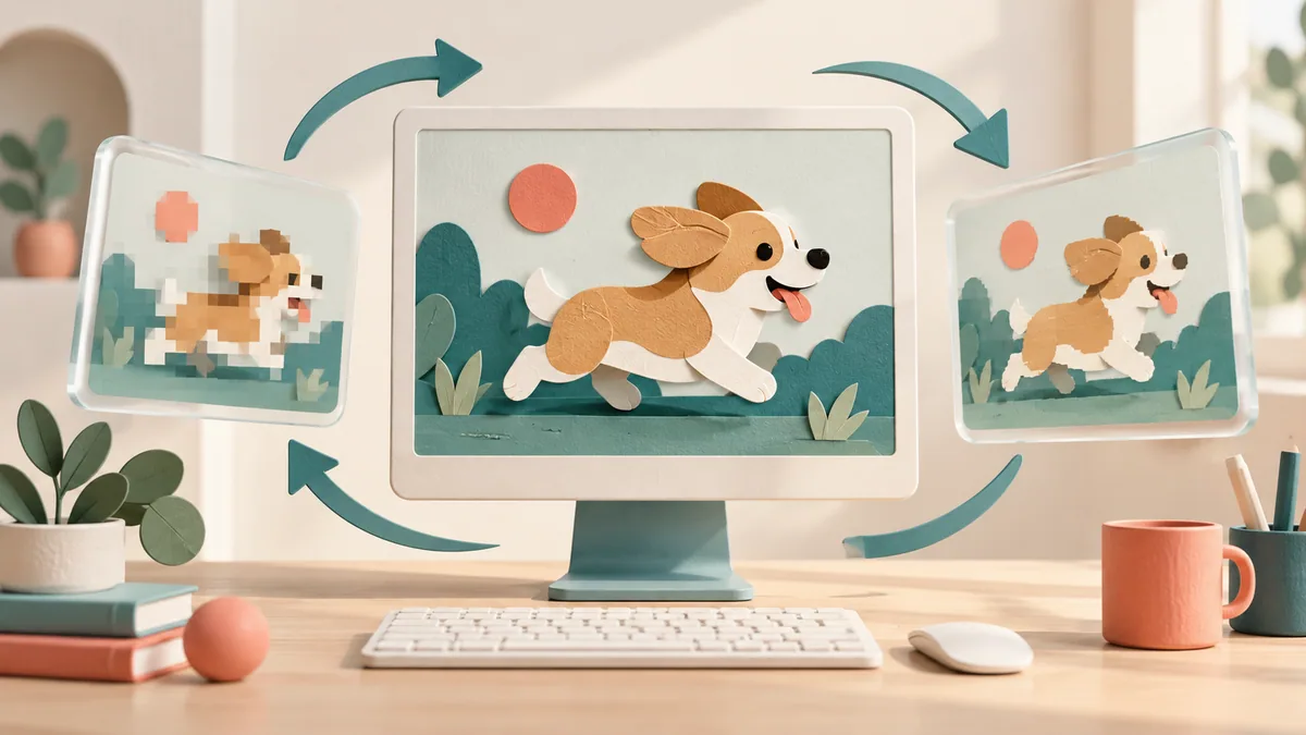 Three colorful animation frames looping around a display.