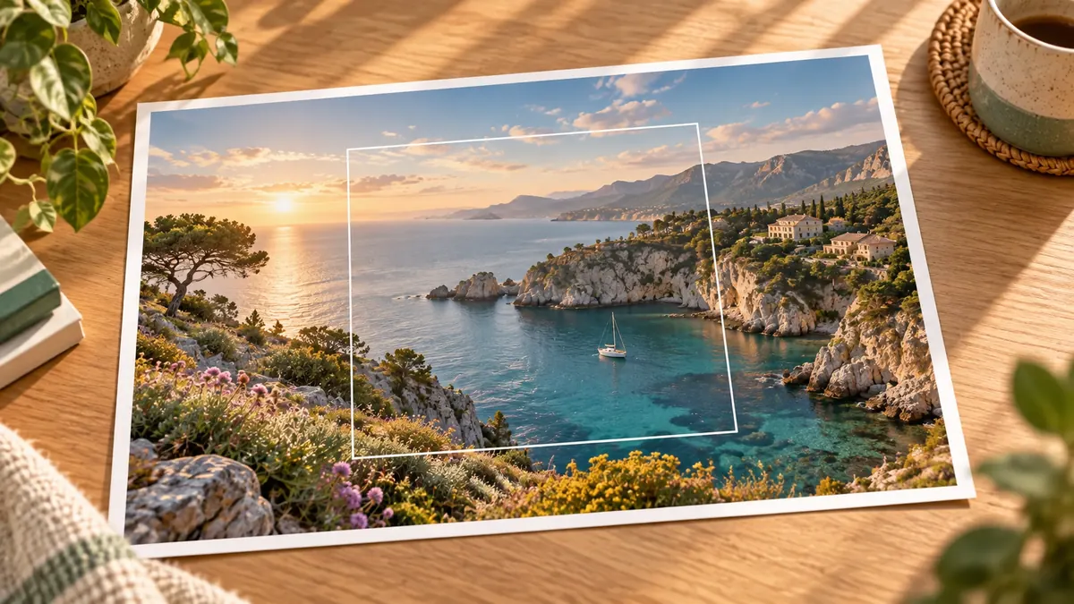 Concept illustration of a coastal photograph on a sunlit desk, with an inner white rectangle marking the original frame inside a wider scene.