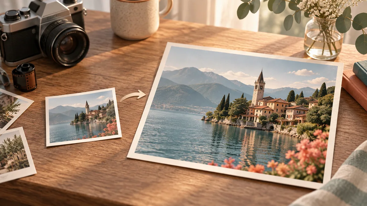 A photograph print becoming larger while keeping the same composition.