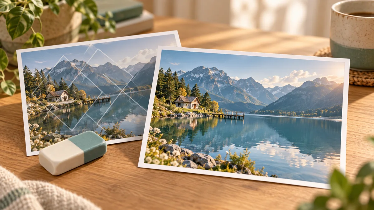 Concept illustration of two lake photo prints, one with a translucent geometric overlay and one without, beside an eraser.