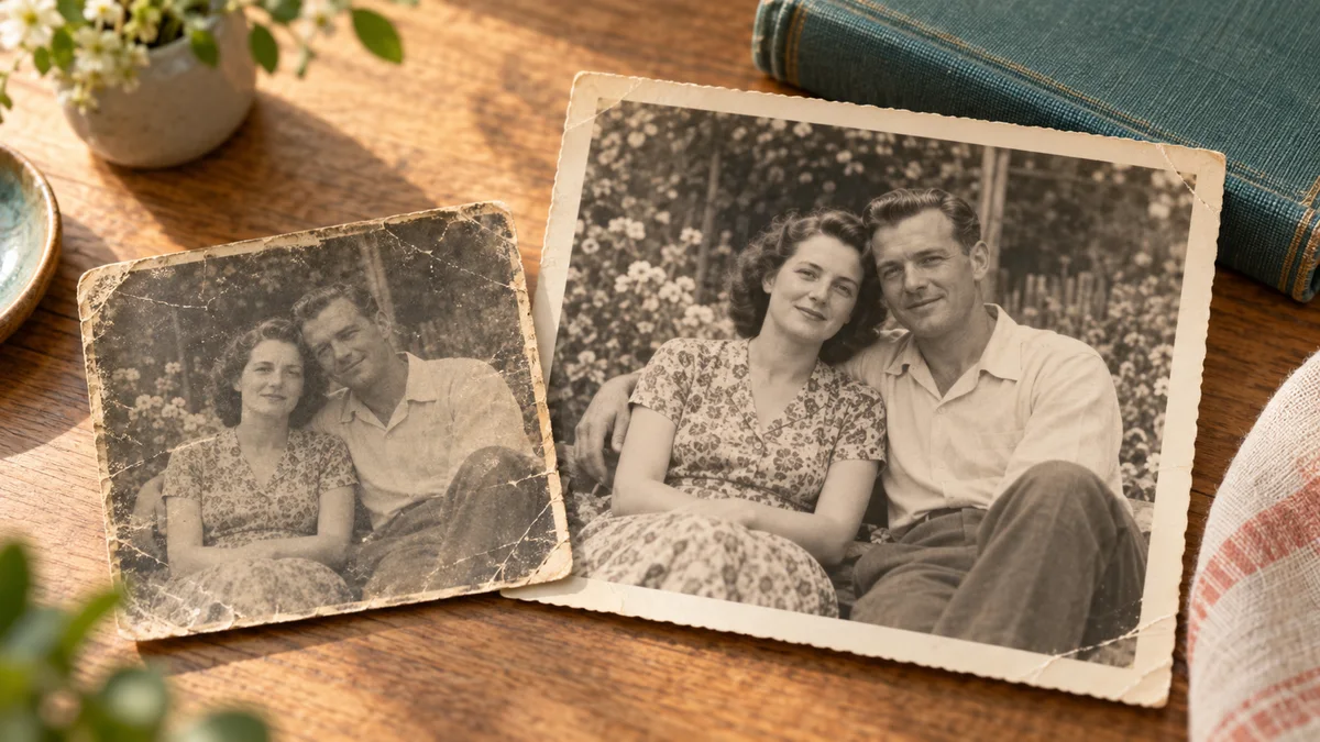 Concept illustration of a scratched vintage portrait beside a cleaner copy on a warm wooden table.