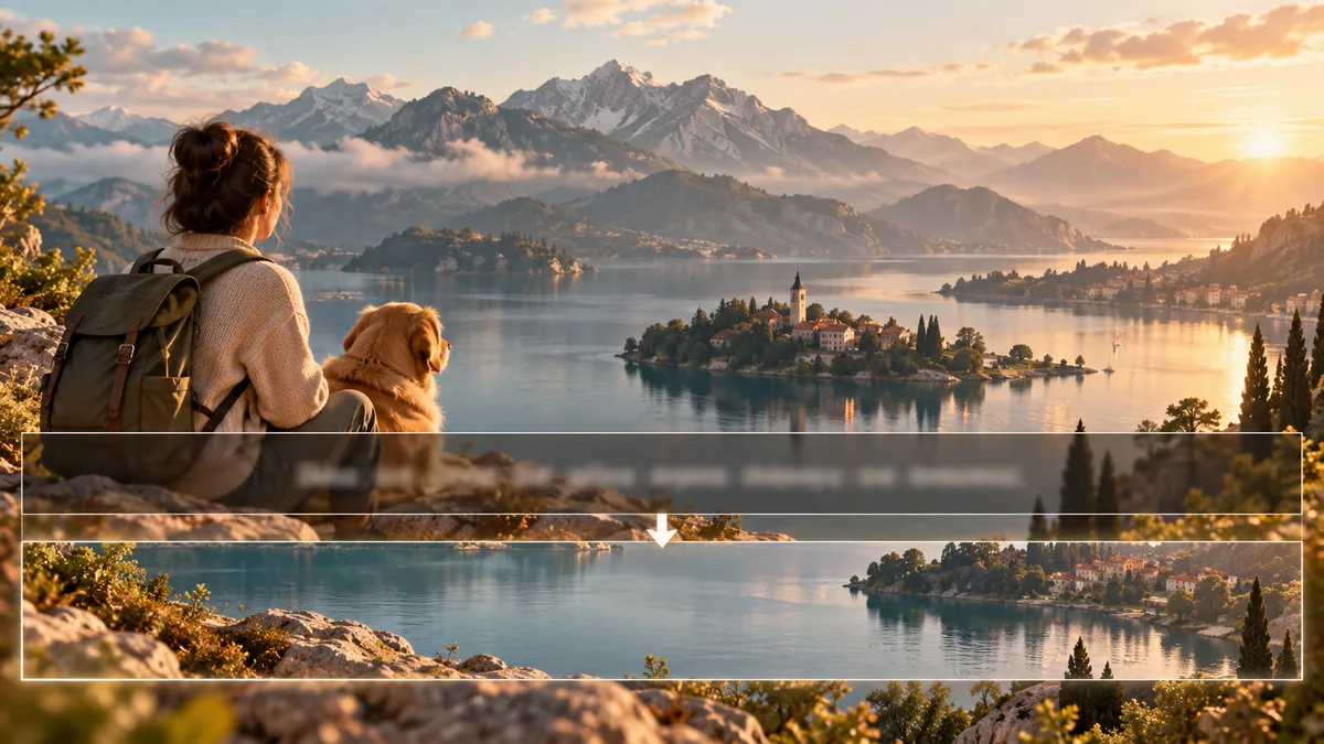 A cinematic frame with a selected lower region and restored scenery behind it.