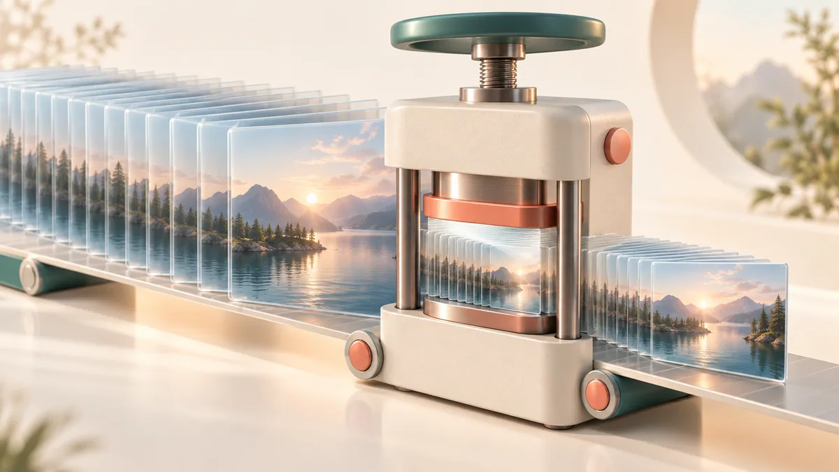 A stack of video frames passing through a compact press and emerging as a smaller stack.
