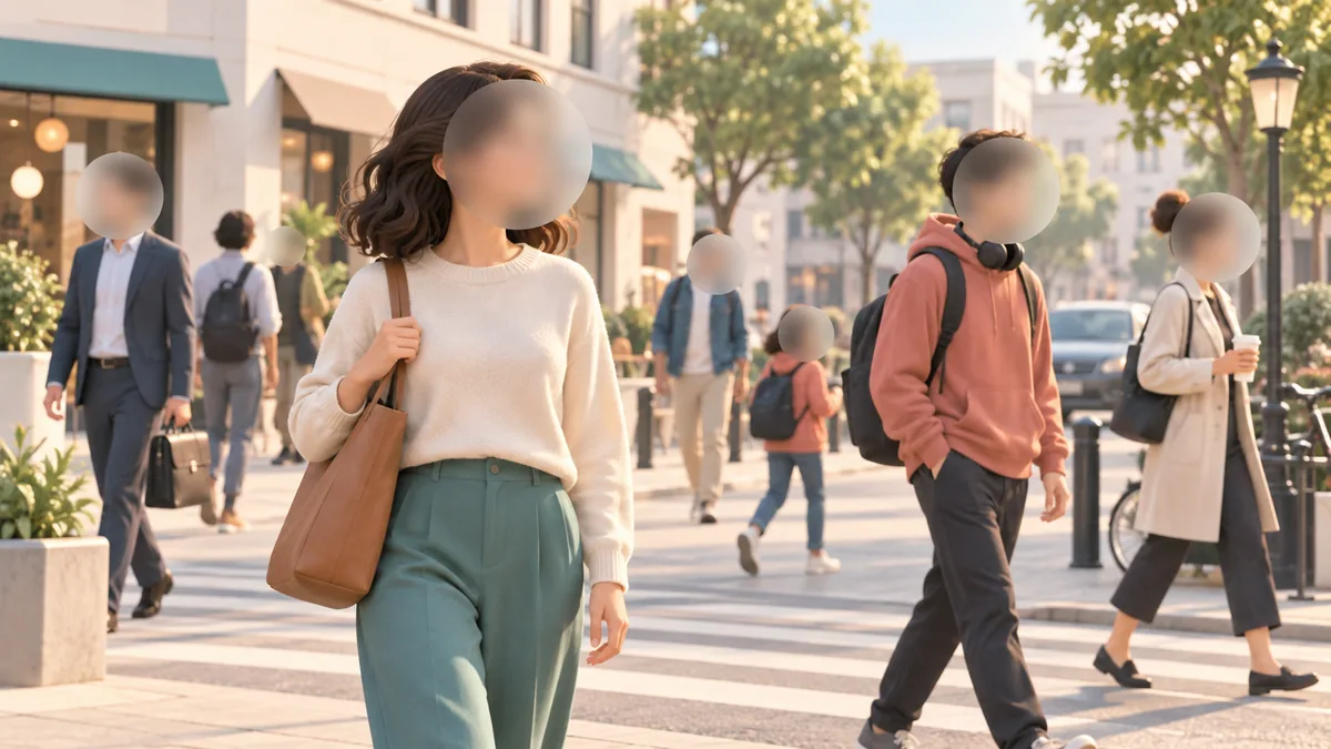 People in a public street video with subtle privacy blurs over distant faces.