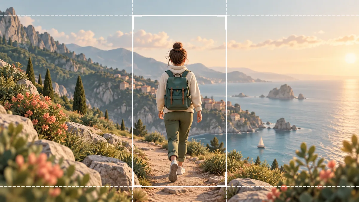 A landscape scene with a centered vertical crop following a person on a walk.