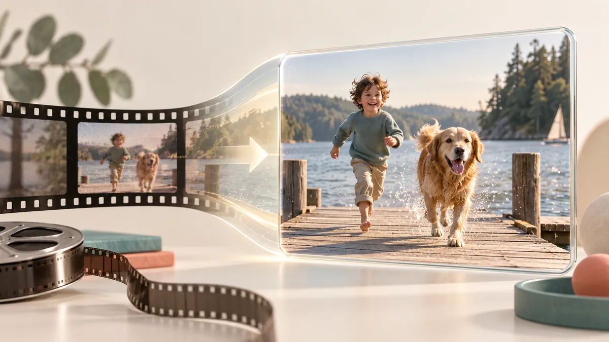 A small film frame expanding into a larger, clearer video frame.