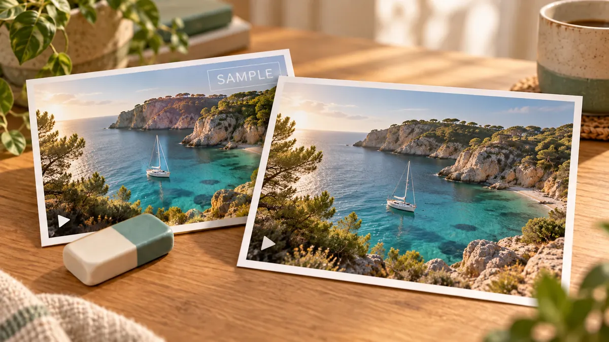 Concept illustration of two coastal video frames on a warm wooden desk, one with a selected SAMPLE text overlay and one without it.
