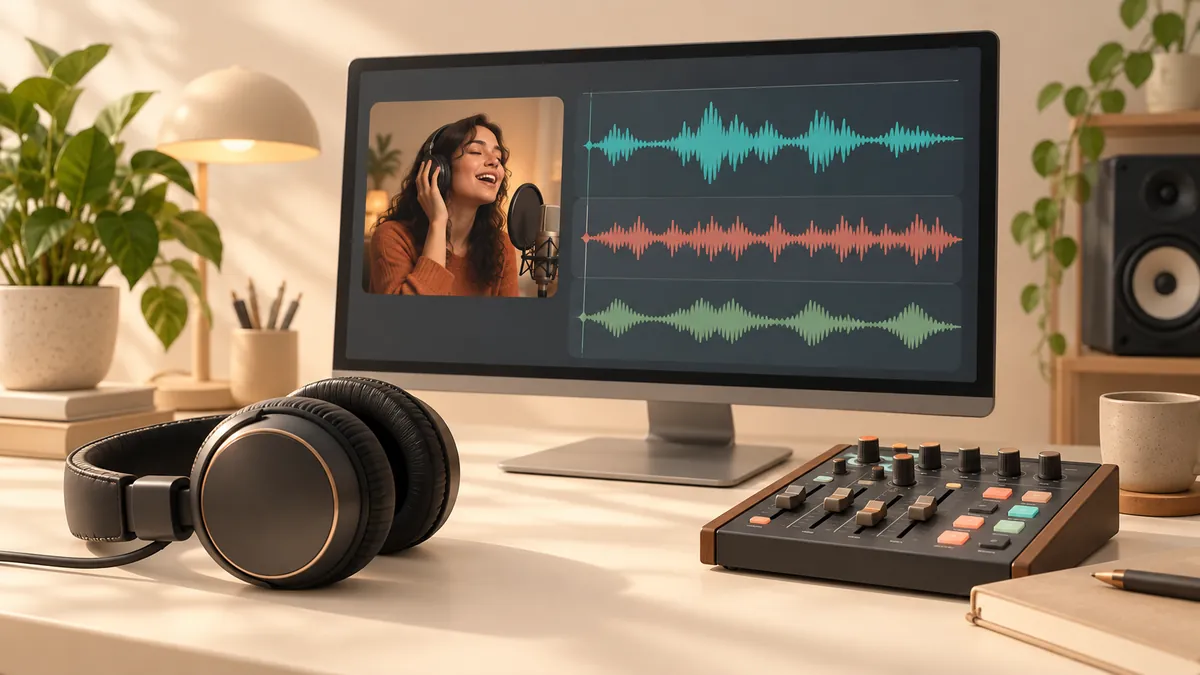 Illustration of studio headphones and a singer beside separate voice, music and effects waveforms.
