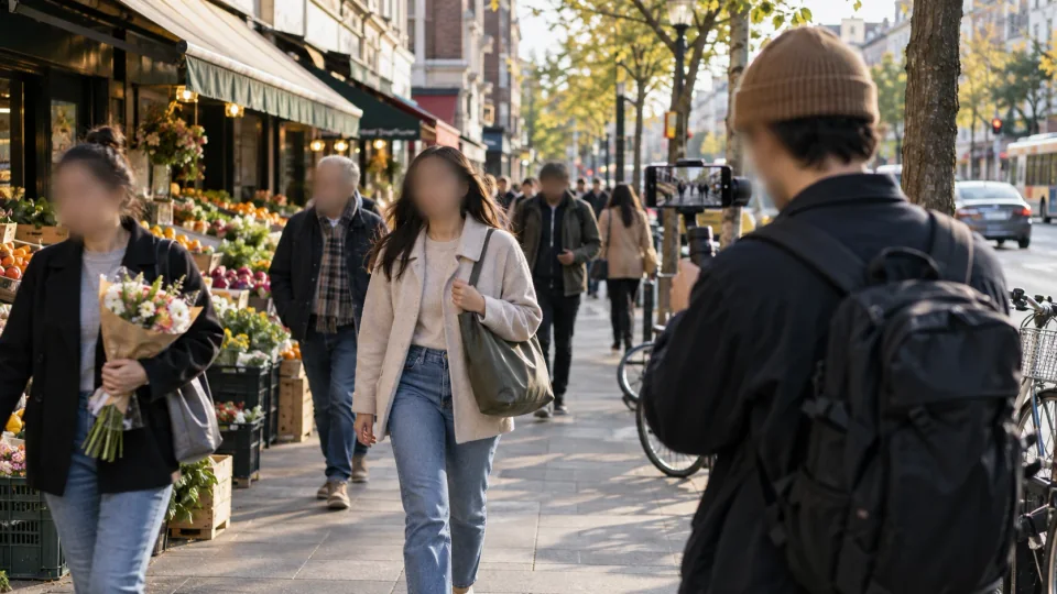 Seseorang memfilmkan pejalan kaki dengan wajah kabur di jalan belanja.