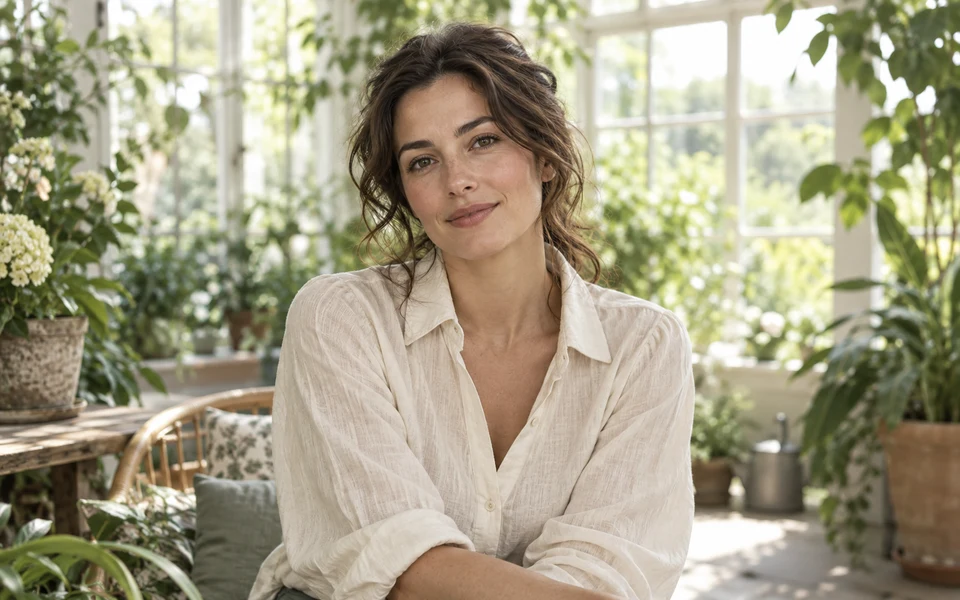 A woman in a light blouse in a sunlit conservatory.