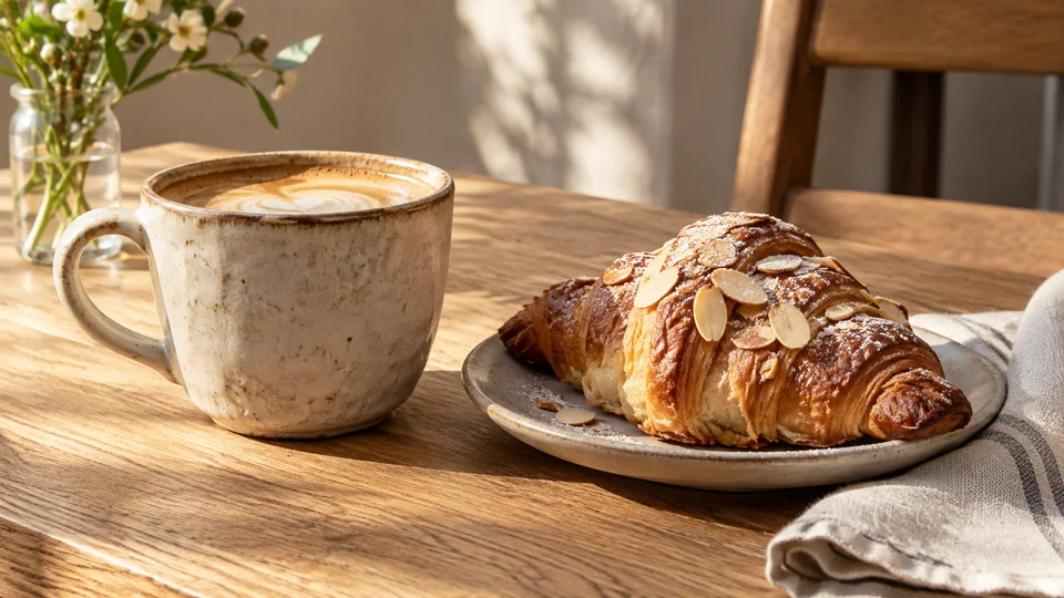 Een keramische kop koffie en een amandelcroissant op een houten tafel.