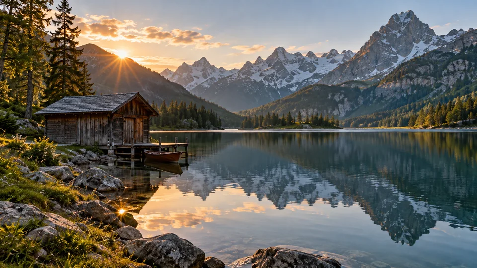 Una cabaña de madera junto a un lago que refleja montañas nevadas al atardecer.