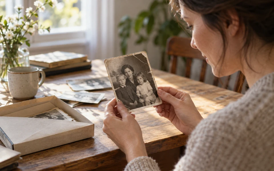 A woman holding a worn black-and-white family photograph beside a box of prints.