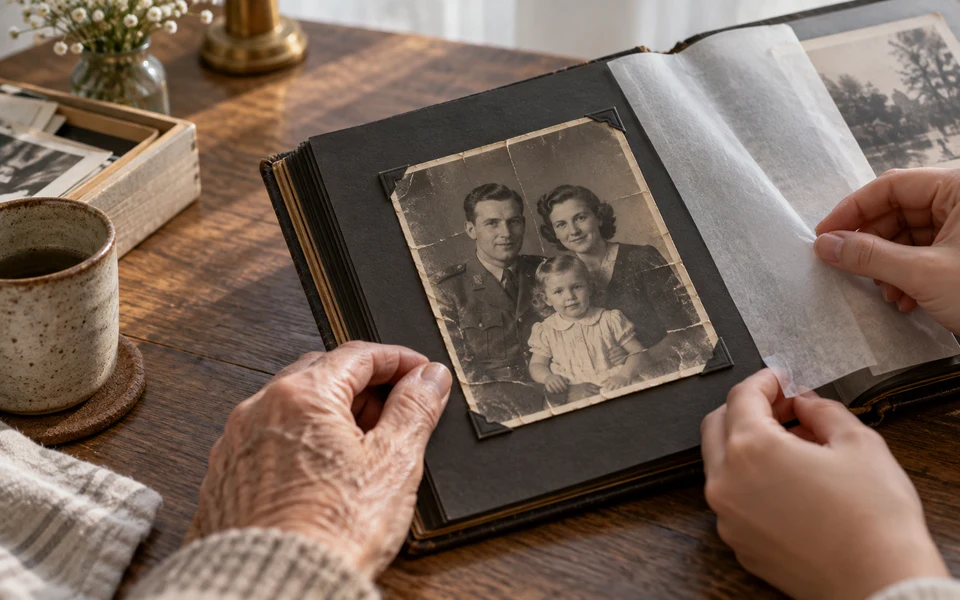 Hands turning the tissue page over a creased family portrait in an old album.