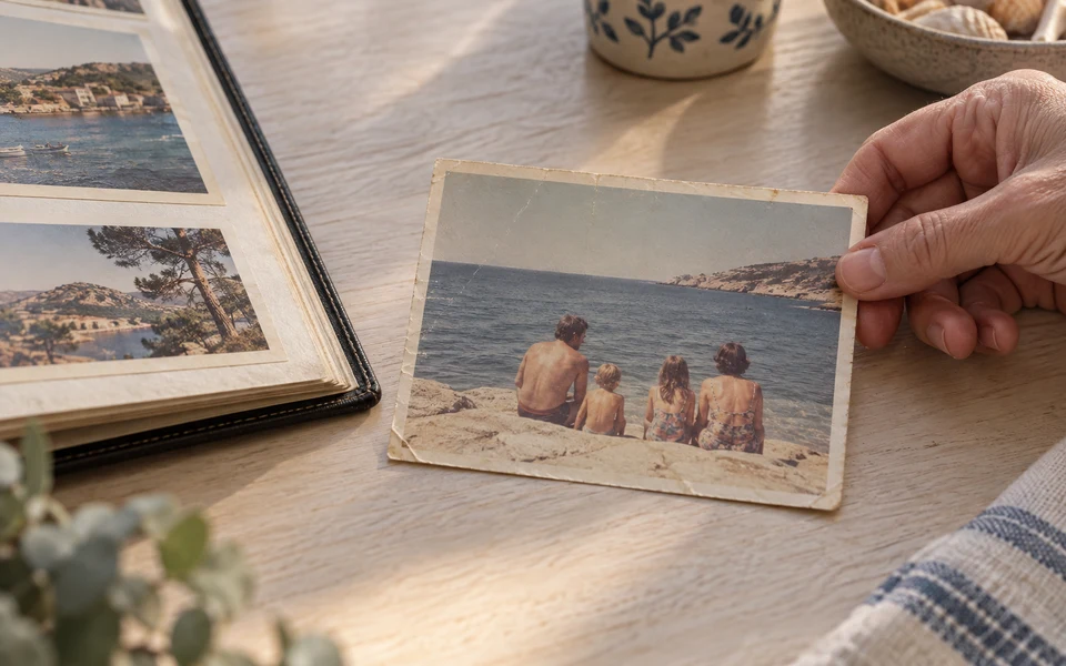A hand holding a faded family beach photograph beside an open album.