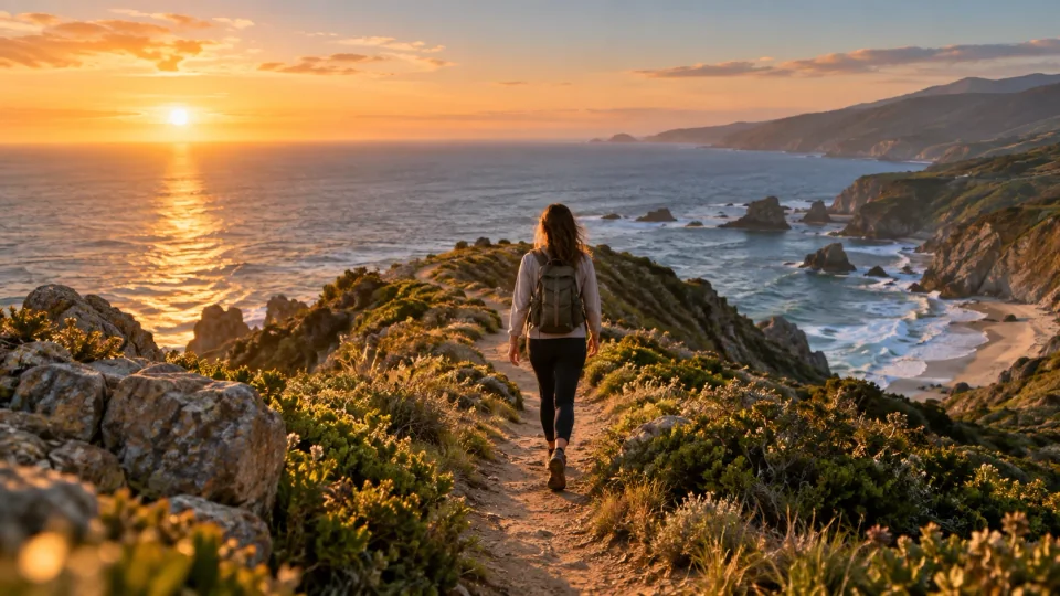 Un excursionista siguiendo un sendero de acantilado sobre el mar al atardecer.