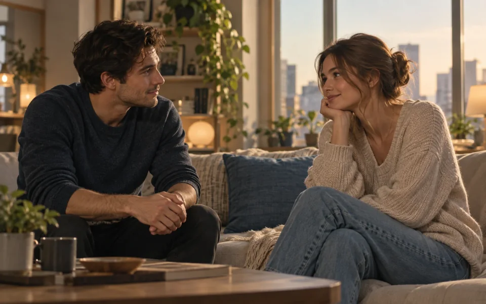 Two people talking on a sofa in a sunlit living room.