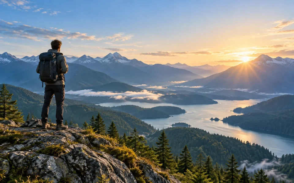 A hiker looking over a mountain lake from a rocky summit at sunrise.
