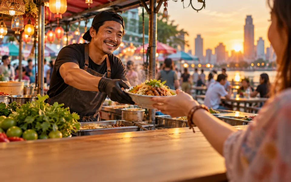 A food stall vendor handing a plate of food to a customer at sunset.