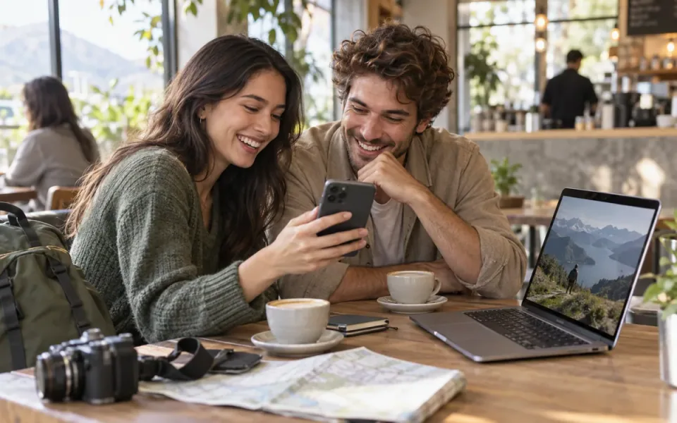 Two people looking at a phone beside a laptop and camera in a cafe.
