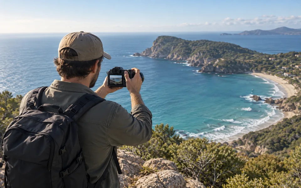 A traveler filming a coastal panorama with a handheld camera.
