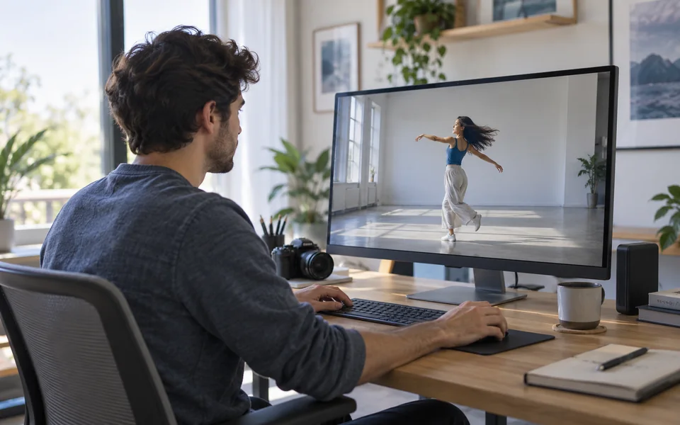 A creator reviewing a dance clip on a monitor at a bright editing desk.
