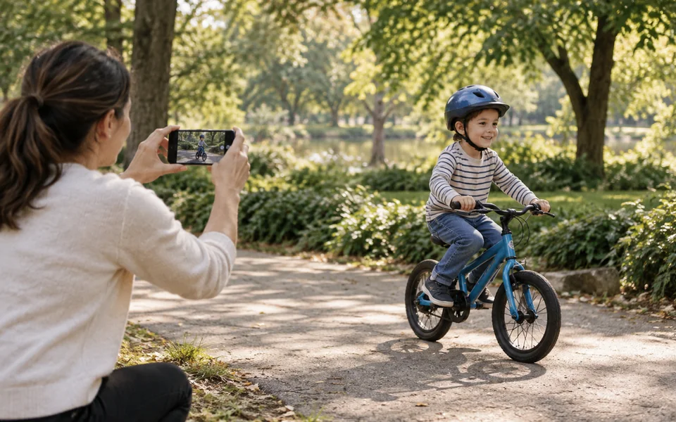 A parent filming a child riding a bicycle in a leafy park.