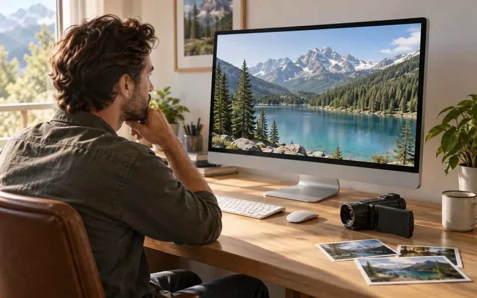 A traveler reviews mountain footage on a desktop monitor beside a camcorder.