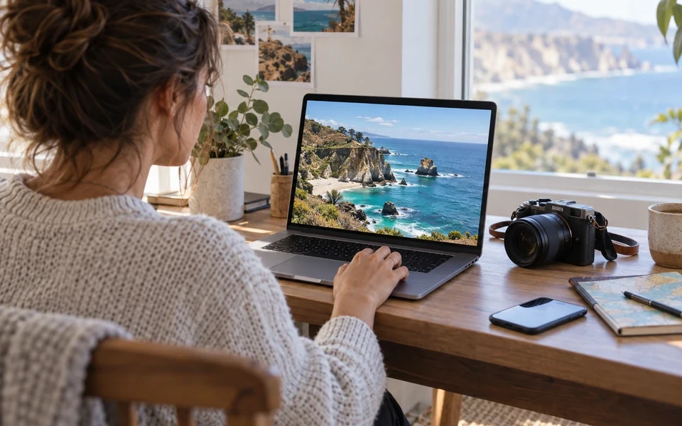 A creator reviews coastal footage on a laptop beside a camera.