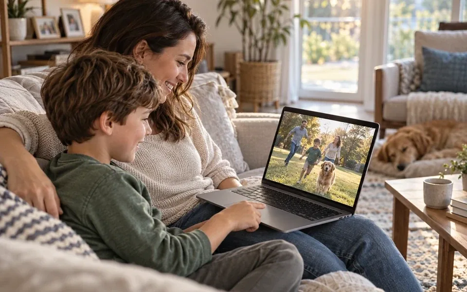 A parent and child watch a family video on a laptop at home.