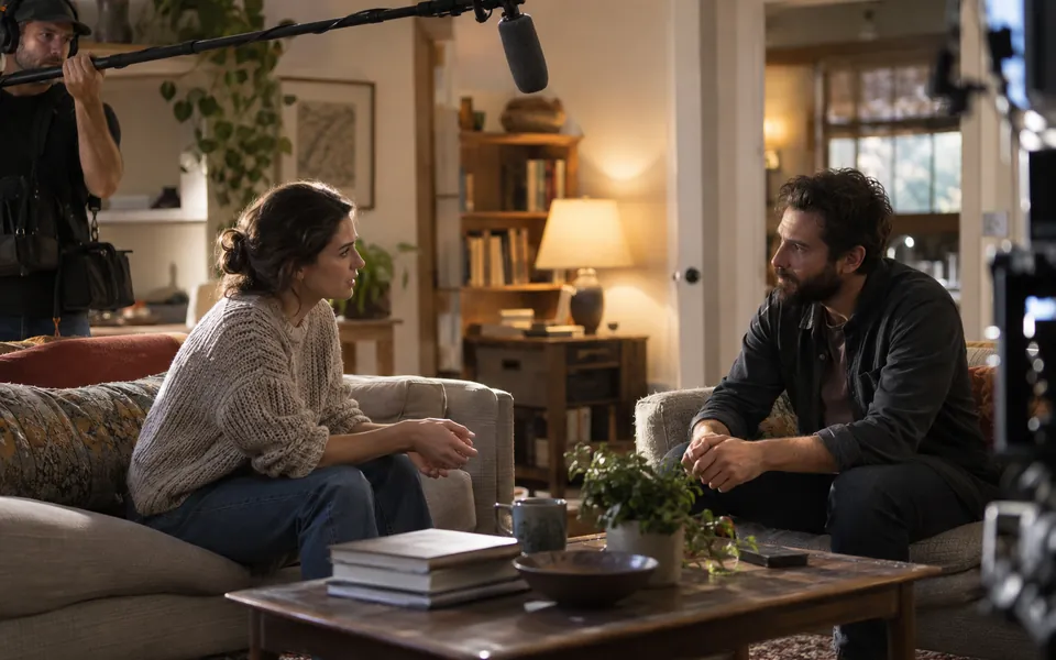 Actors performing a dialogue scene as a boom operator records audio.