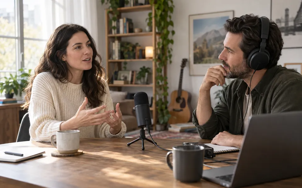Two people recording an interview across a table in a home studio.