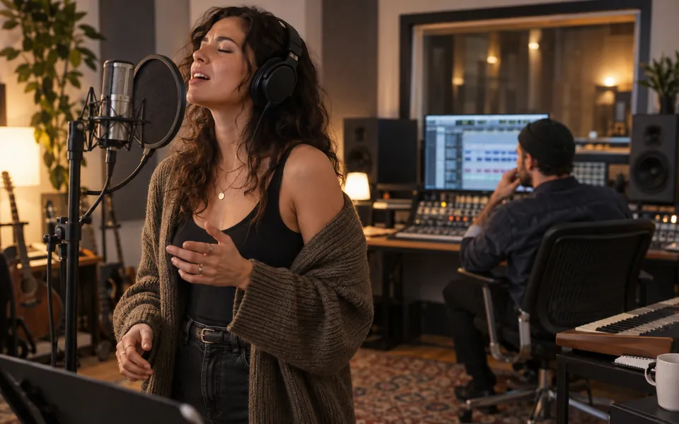 A singer recording vocals in a music studio while a producer listens.
