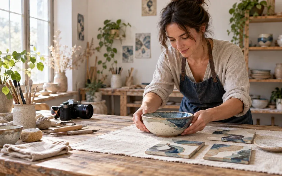 A maker arranging a glazed bowl and painted tiles beside a camera.