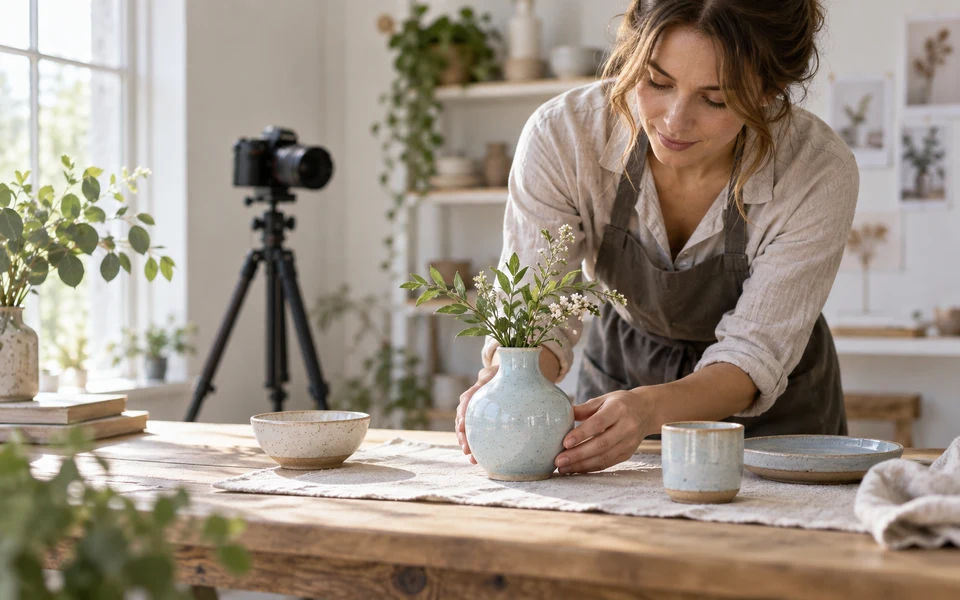 A maker arranging a ceramic vase and tableware in front of a camera.