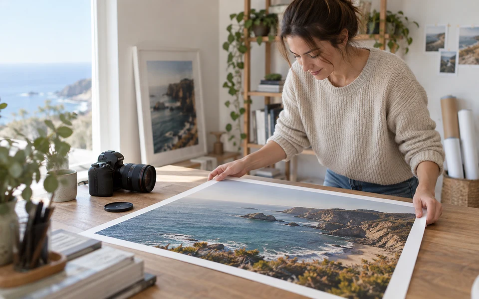 A photographer laying out a large coastal landscape print on a table.